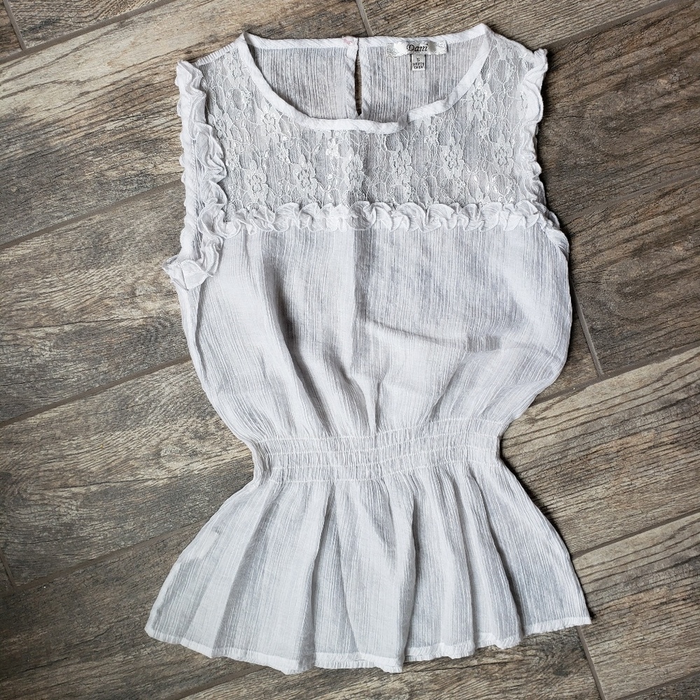 Lace and Ruffle Smocked Waist Sleeveless Blouse